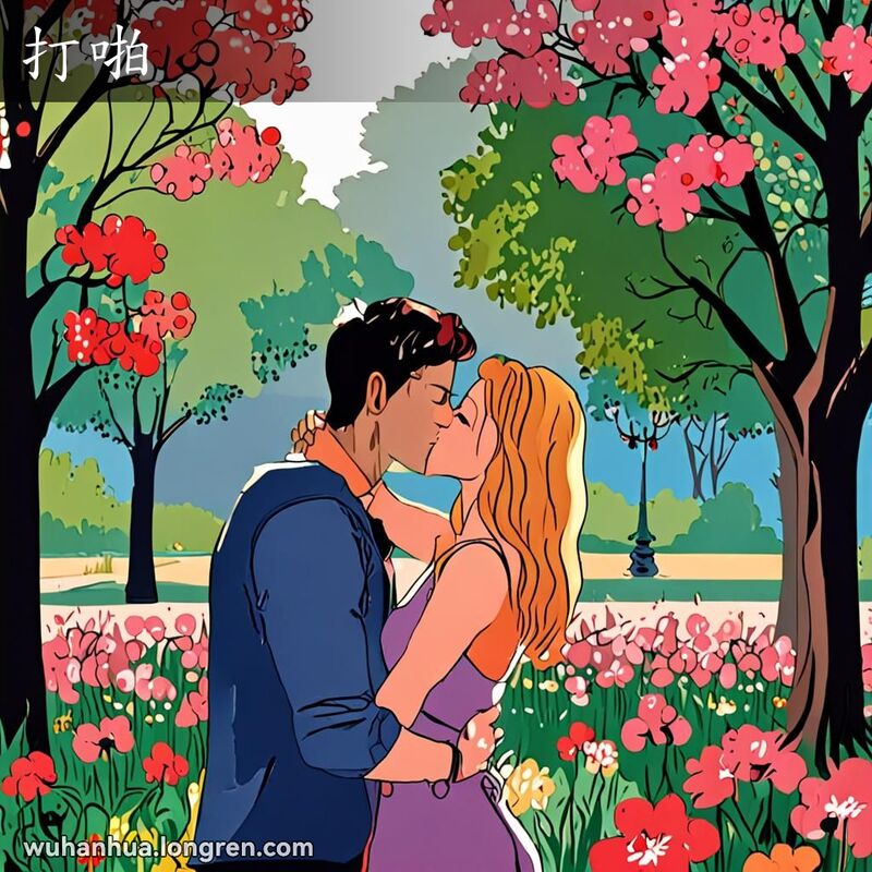 一对年轻情侣在公园里亲吻，背景是鲜花盛开的浪漫环境，画面捕捉到了他们即将亲吻的瞬间，并用漫画风格的“POP”气泡表现出亲吻时的响声。