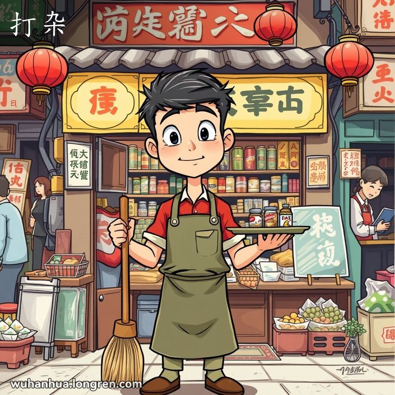 一位年轻店员在武汉街市的杂货店前忙碌，手持扫帚和托盘，背景是热闹的市场