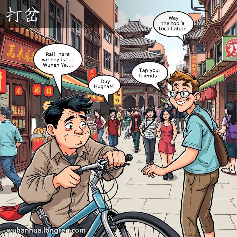 一位武汉市民在街边修理自行车，被朋友打断，背景是武汉传统街景