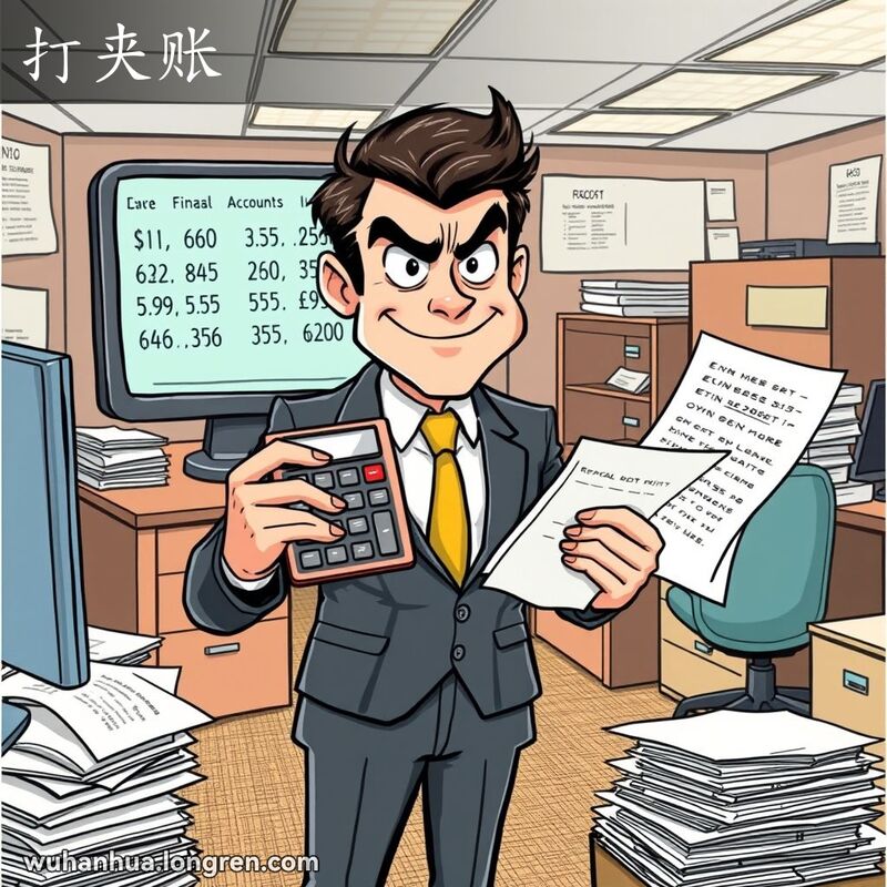 一位穿西装的男子在办公室中手持计算器和文件，脸带狡黠笑容，偷偷往账目中加数字，背景是办公环境