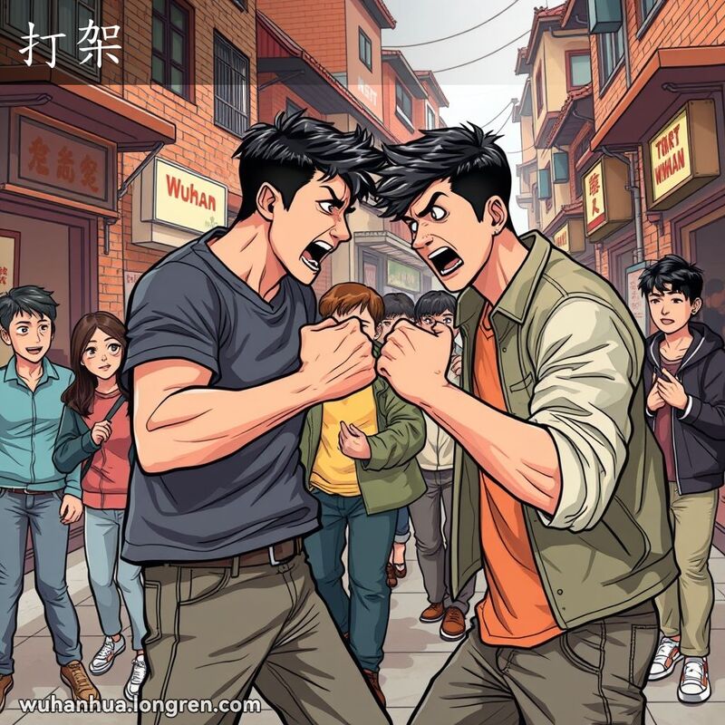 两位年轻男子在武汉街头发生激烈争执，背景是武汉老街景