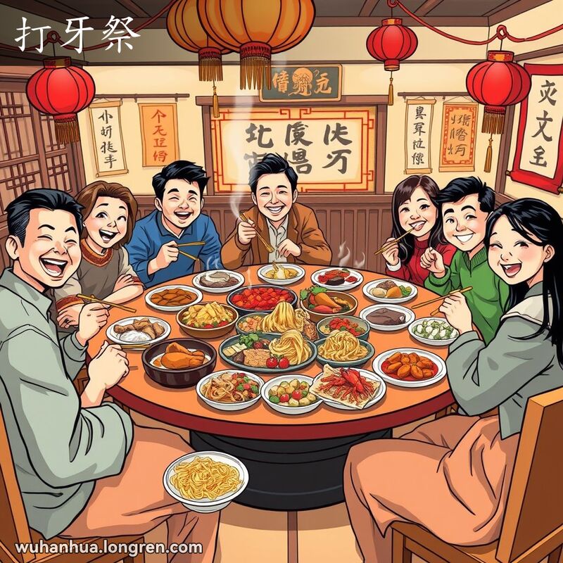 一群朋友围坐在武汉餐馆的圆桌旁，桌上摆满美食，准备享受丰盛的大餐，背景是传统中国装饰。