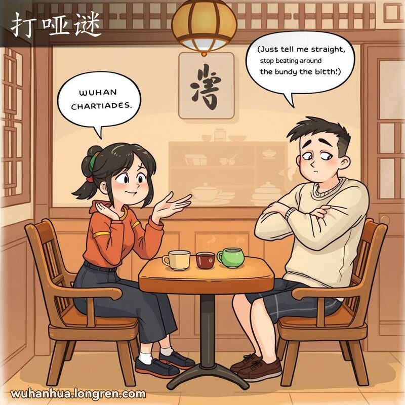 两位朋友在茶馆里，一位用手势打哑谜，另一位显得困惑和不耐烦，背景是温馨的茶馆。
