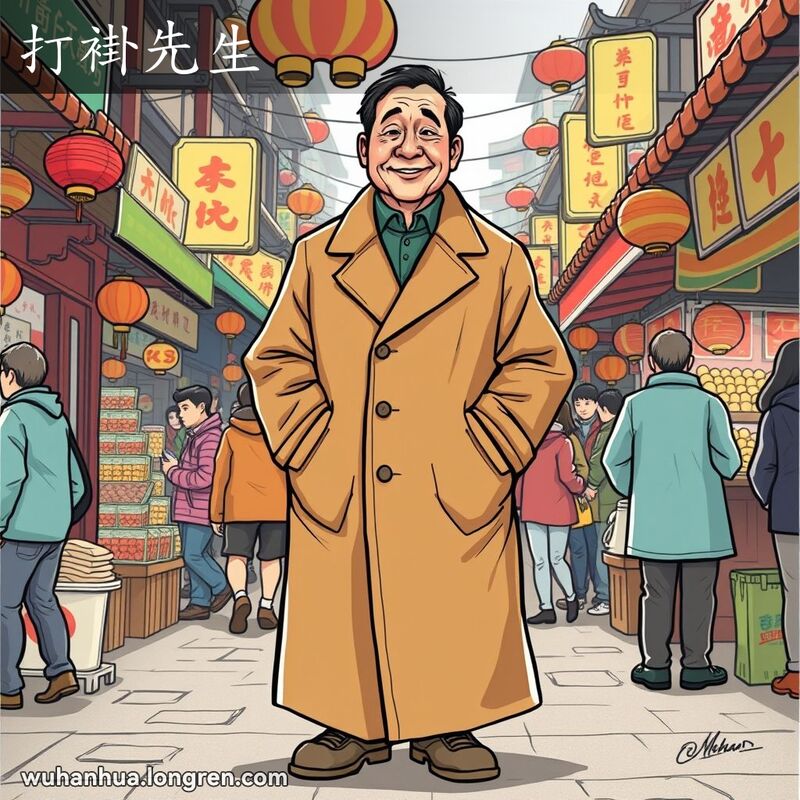 一位武汉男子穿着过大的长外套站在热闹的市场中，背景是传统的街头摊贩和人群。