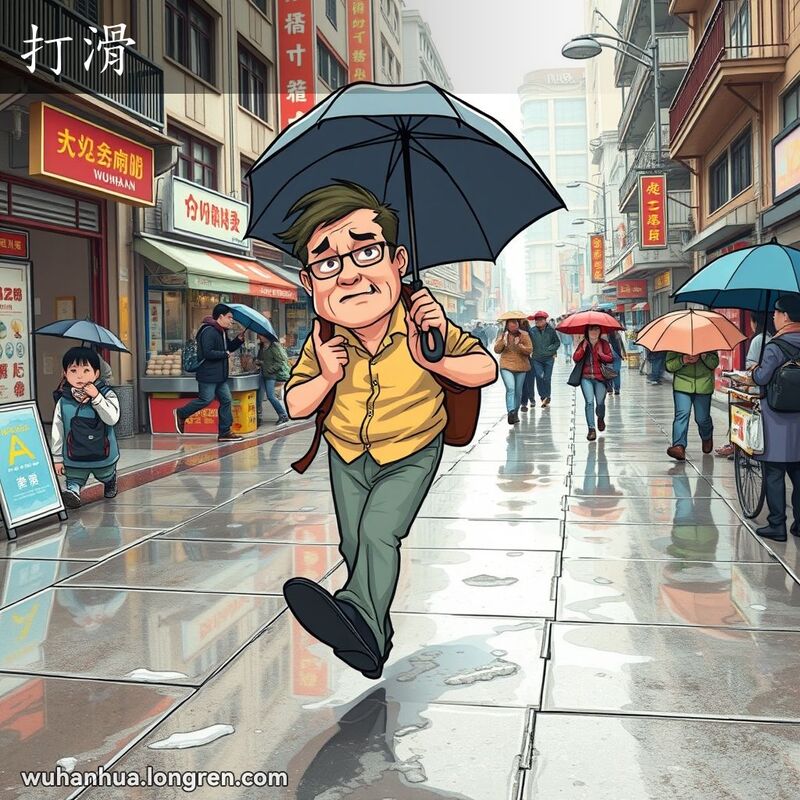 雨天的武汉街头，一位市民在湿滑的人行道上行走，试图保持平衡，背景是典型的武汉街景。