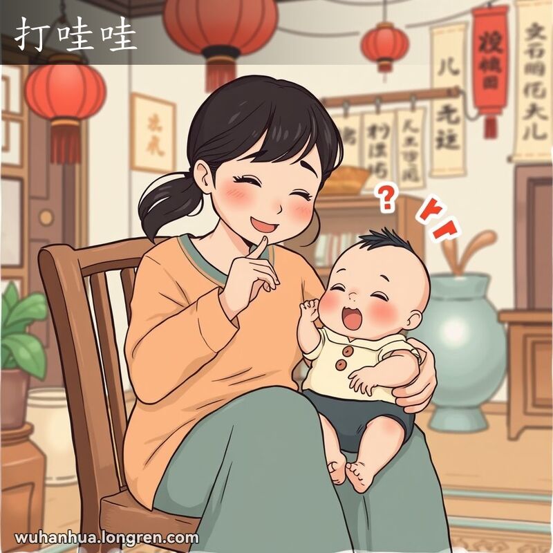 一位武汉母亲坐在家中，轻拍婴儿的嘴，婴儿发出“哇哇”声，背景有红灯笼和书法挂轴。