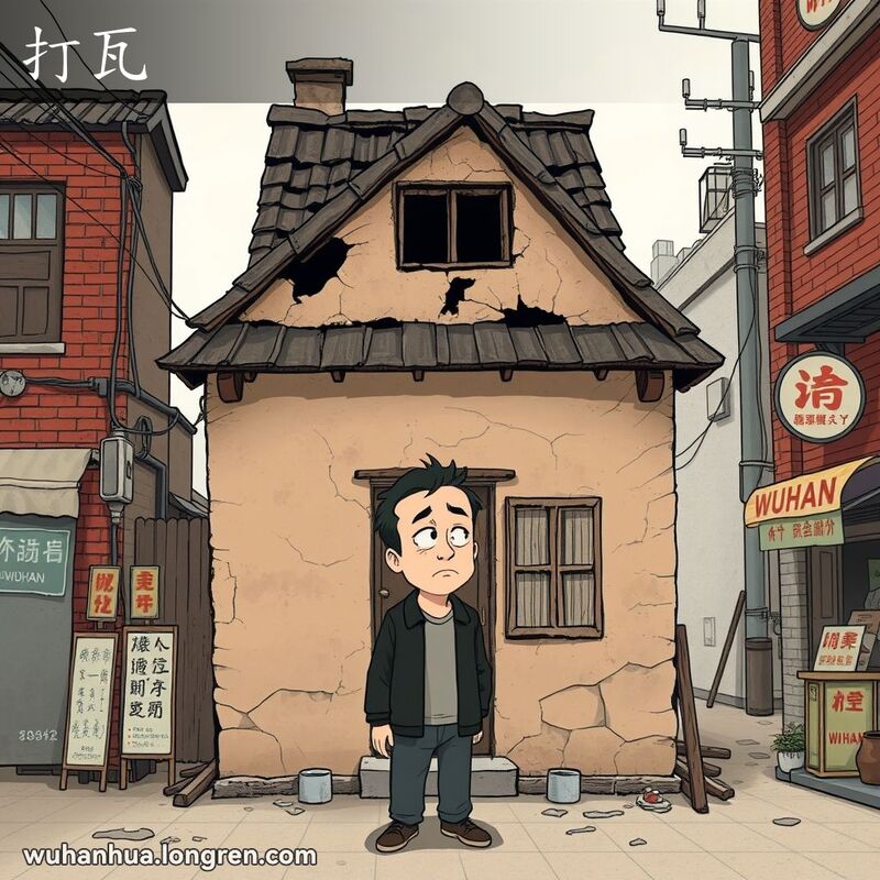 一座破旧的老房子，屋顶上的瓦片残缺不全，墙壁也布满裂纹和磨损，一位男子站在房子前，神情忧虑地望着它，背景是武汉老街景