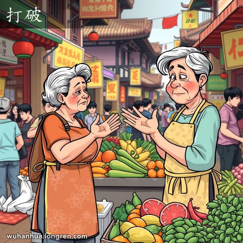 一位中年妇女在武汉街头市场的摊位后，试图劝阻一位年轻男子购买商品，背景是繁忙的市场景象。