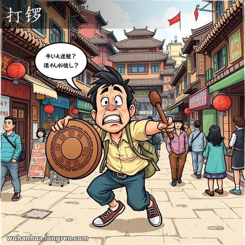 一位武汉男子在老街上手持大锣和槌子，焦急地寻找某样东西，背景是繁忙的街景
