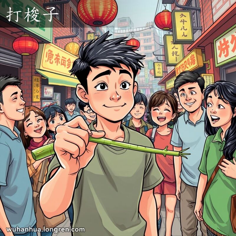 一位年轻人在武汉市场上平衡竹子，朋友们在旁边观看，背景是武汉老街景