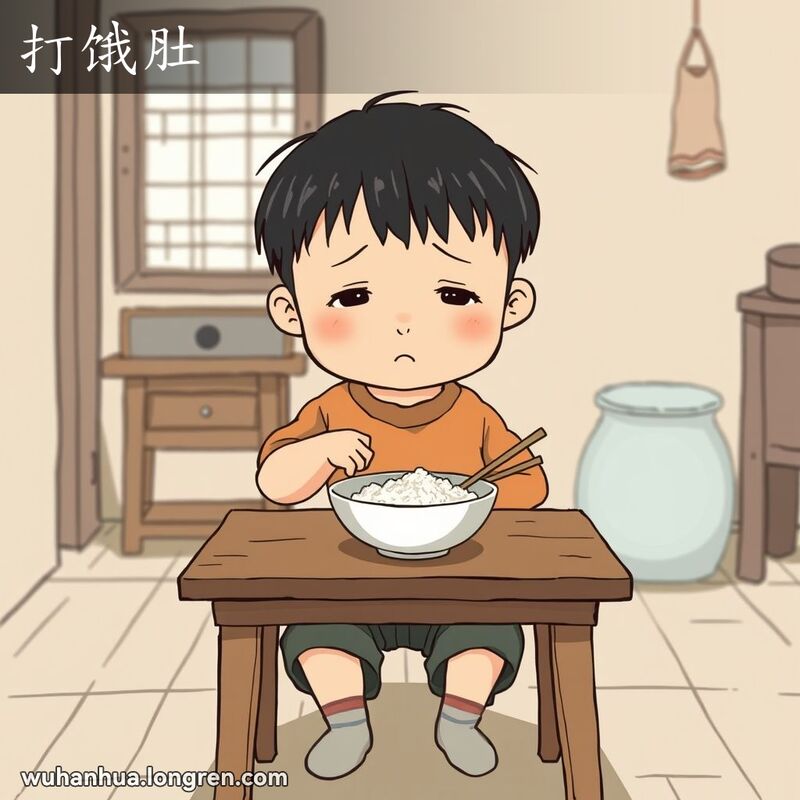 一位武汉小孩坐在厨房桌前，面前是一碗几乎空了的白米饭，神情显得饥饿和难过，手捂着肚子，表现了“打饿肚”的情景。
