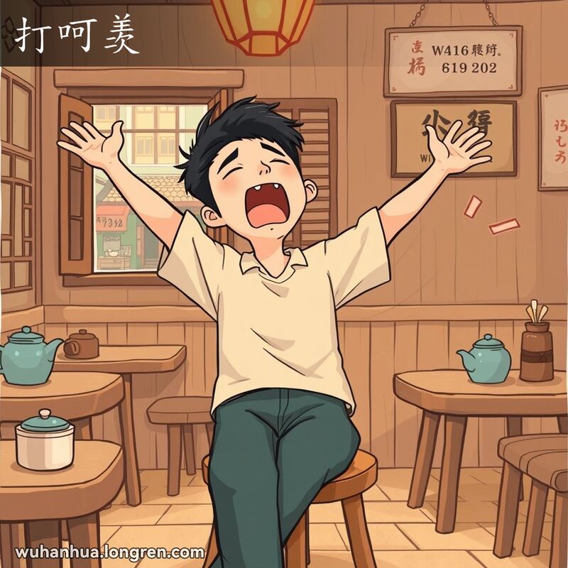 一位年轻的武汉男子坐在茶馆的木凳上，张大嘴巴打哈欠，背景是温馨的茶馆环境
