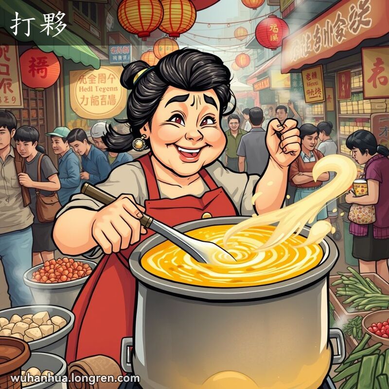 一位中年妇女在武汉市场上用大勺子搅拌一锅沸腾的汤，动作夸张，背景是喧闹的市场场景。