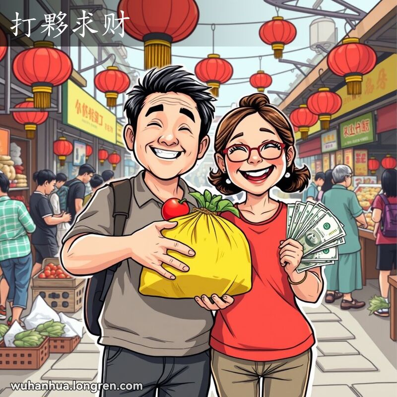 两位武汉市民在市场前手持蔬菜和钞票，脸上带着笑容，背景是繁忙的市场和红灯笼。