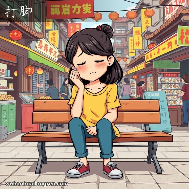 一位年轻女子坐在武汉街头市场的长椅上，穿着一双稍显紧小的新鞋，面露痛苦之色，正揉着被鞋子磨伤的脚。