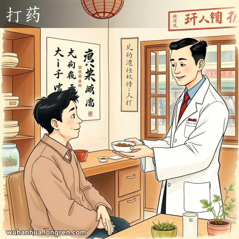 一位中医医生在诊所内为受伤的患者配制治疗内伤的药物，背景是传统的中药柜和武汉街景