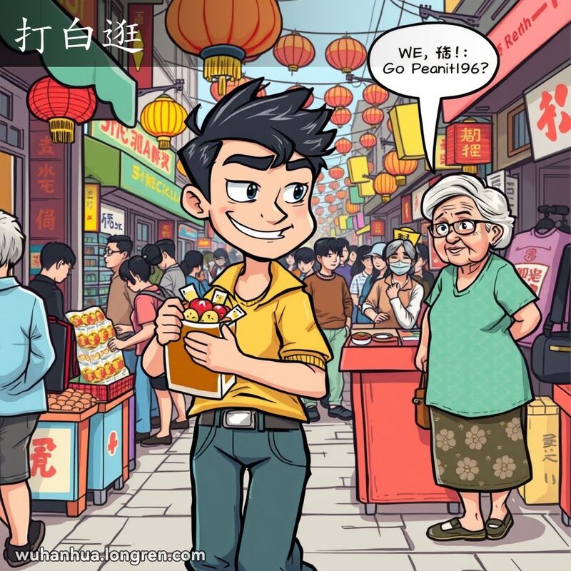 一个年轻人在武汉街头市场偷拿小吃，摊主无奈摇头的场景。