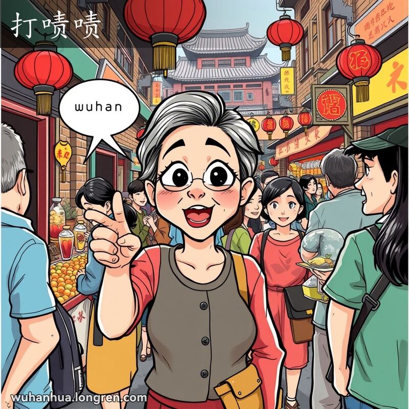 一群人在武汉街头市场中，一位中年妇女指着摊位发出“打啧啧”的惊奇声音，背景是武汉老街景。
