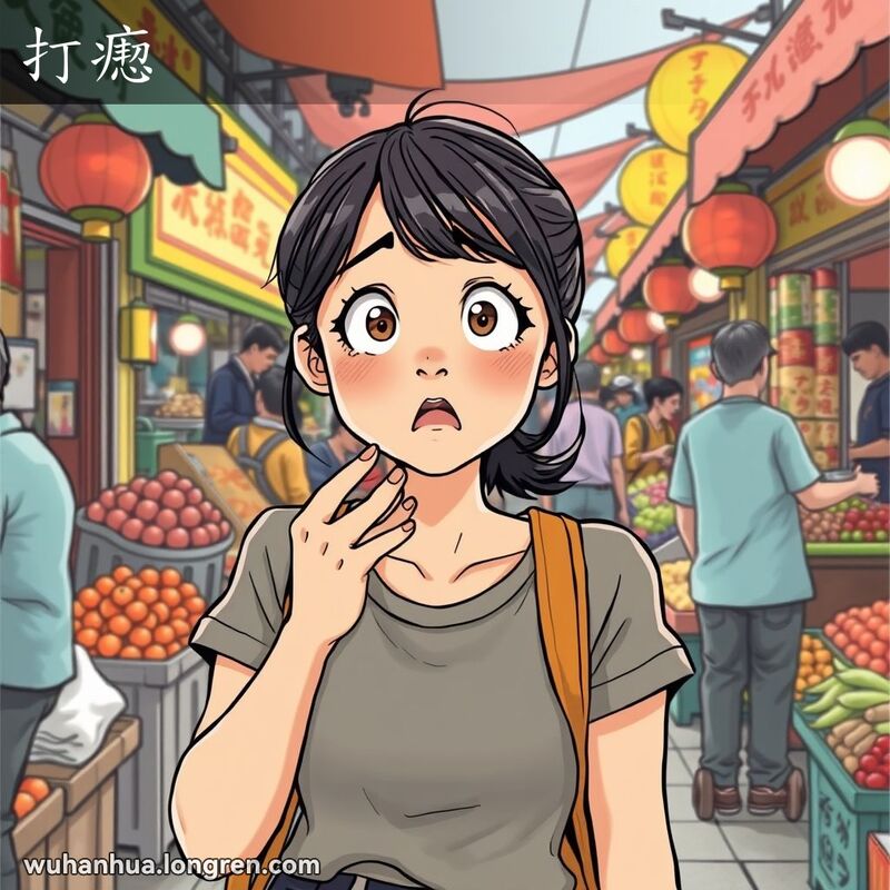 一位武汉女子在市场中因惊讶而张大嘴巴，背景是热闹的市场景象
