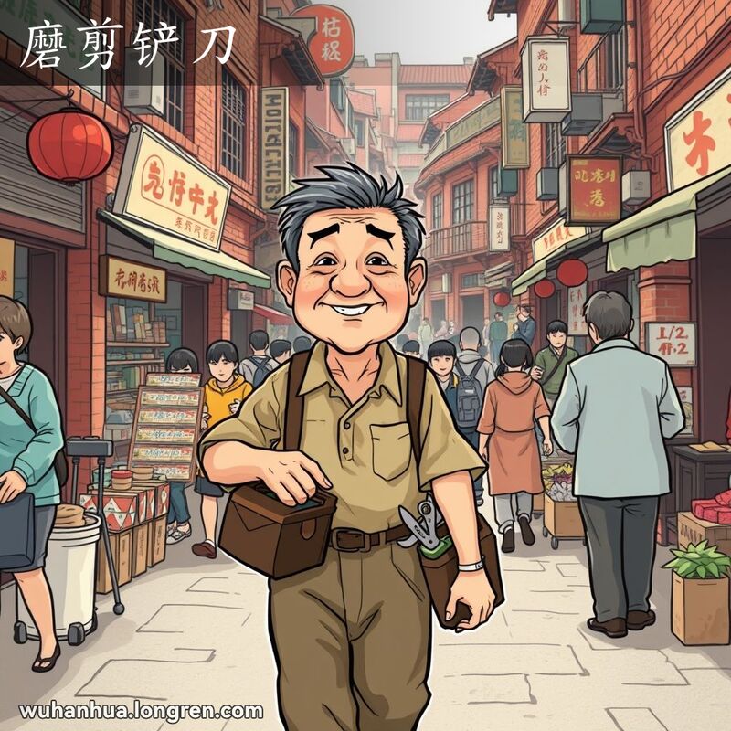 一位中年男子在武汉老街上沿街叫卖，手持磨刀石、剪刀和刀具，背景是热闹的老街景