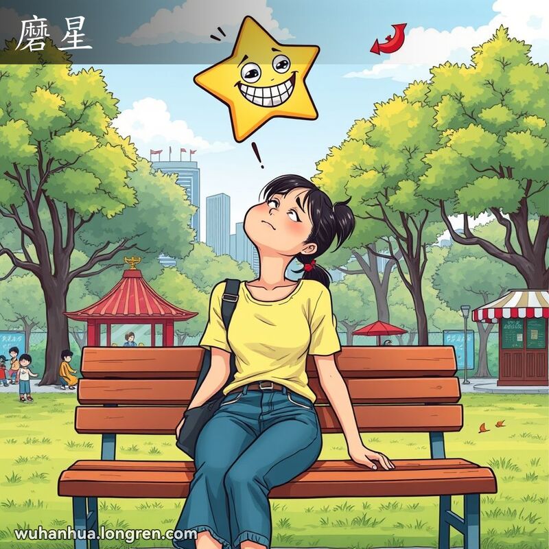 一位年轻的武汉女子坐在公园长椅上，仰望天空，脸上带着烦恼的表情，头顶上方有一颗调皮的星星，背景是绿树成荫的公园和热闹的儿童游乐场。