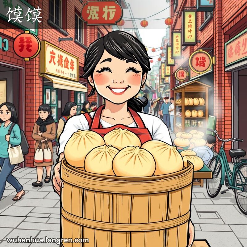 武汉街头摊贩展示刚出炉的馍馍，背景有各种馅料的馍馍和包子，展示武汉方言“馍馍”的丰富含义。