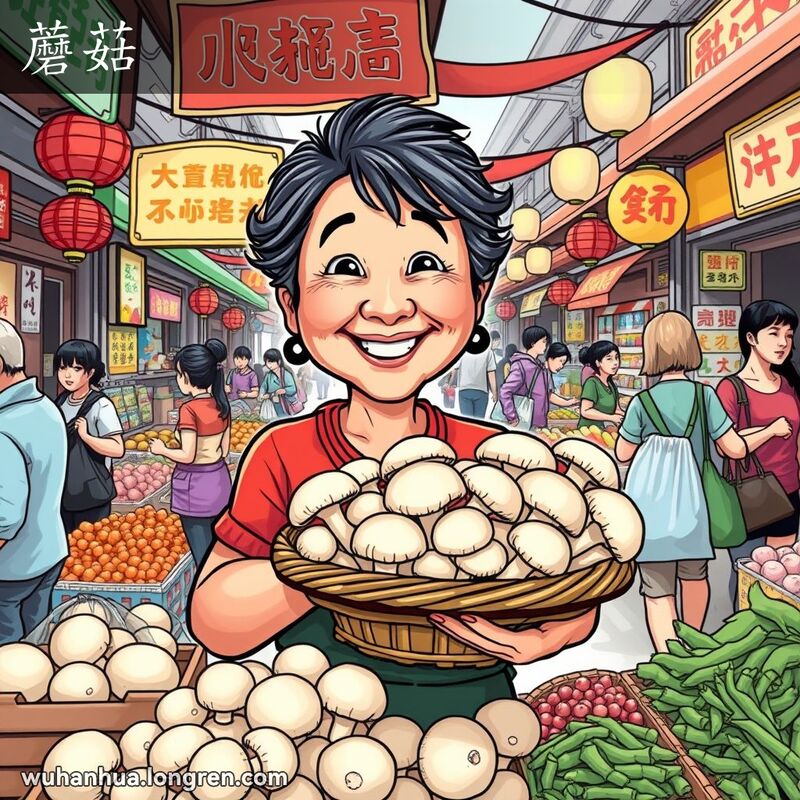 武汉街市摊位前，摊主手持一篮白色肥厚盖儿的蘑菇，背景是热闹的市场场景。