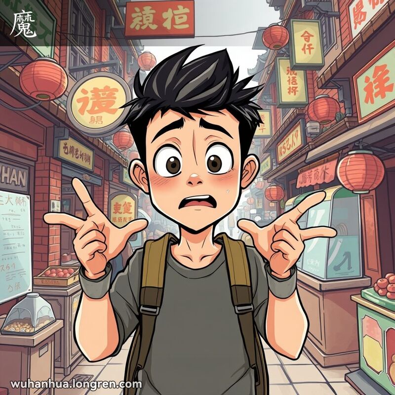 一位年轻的武汉市民在市场中表情迷茫，手势夸张，背景有红砖墙和小吃摊