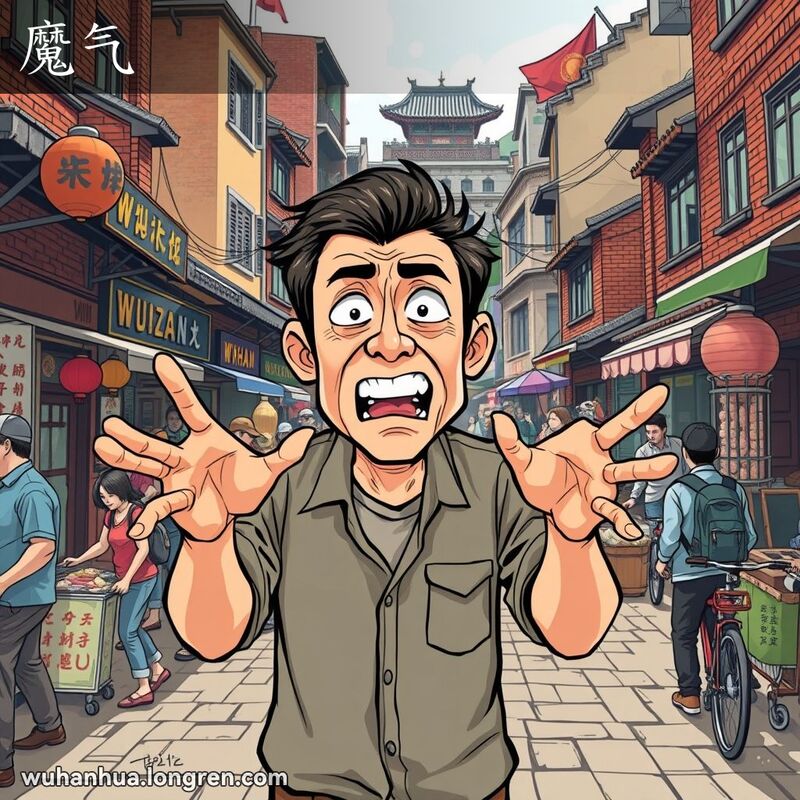 一位武汉男子站在街头，表情困惑且焦虑，手势夸张，背景是武汉老街景