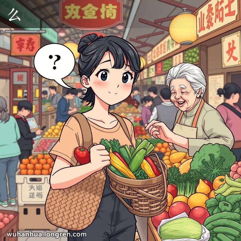 一位年轻的武汉女子在市场中，手持篮子，指着蔬菜，表情好奇，摊主微笑看着她，背景是武汉市场的繁忙景象