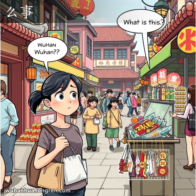 一位年轻女子在武汉街市上，手持小包，面对摊贩露出困惑表情，背景是繁忙的市场和传统建筑