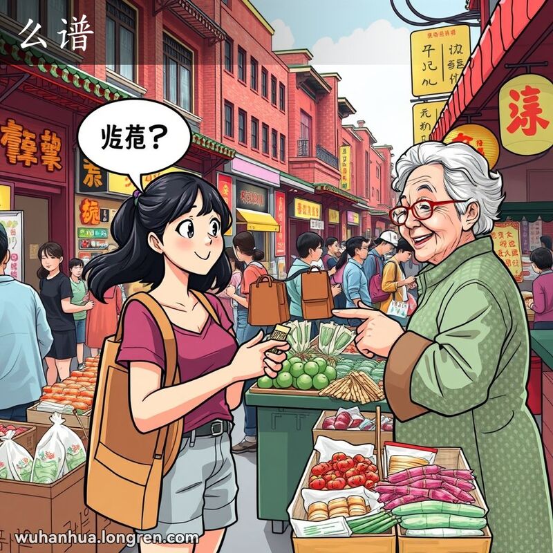 一位年轻女子在武汉市场的摊位前，手拿小物品，好奇地问摊主“么谱？”，背景是热闹的市场和红砖建筑