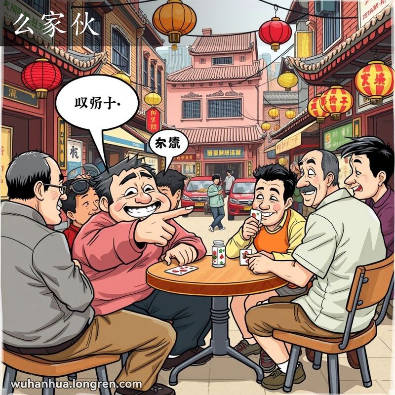 几位武汉居民在街头打牌聊天，一位中年男子指着年轻人，脸上带着戏谑的笑容，体现“么家伙”的意思。