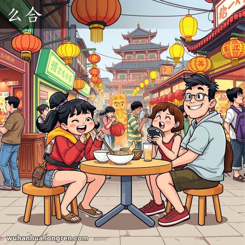 一群朋友在武汉街头市场享受免费的面条和街头表演，背景是繁忙的街头摊贩和传统建筑。