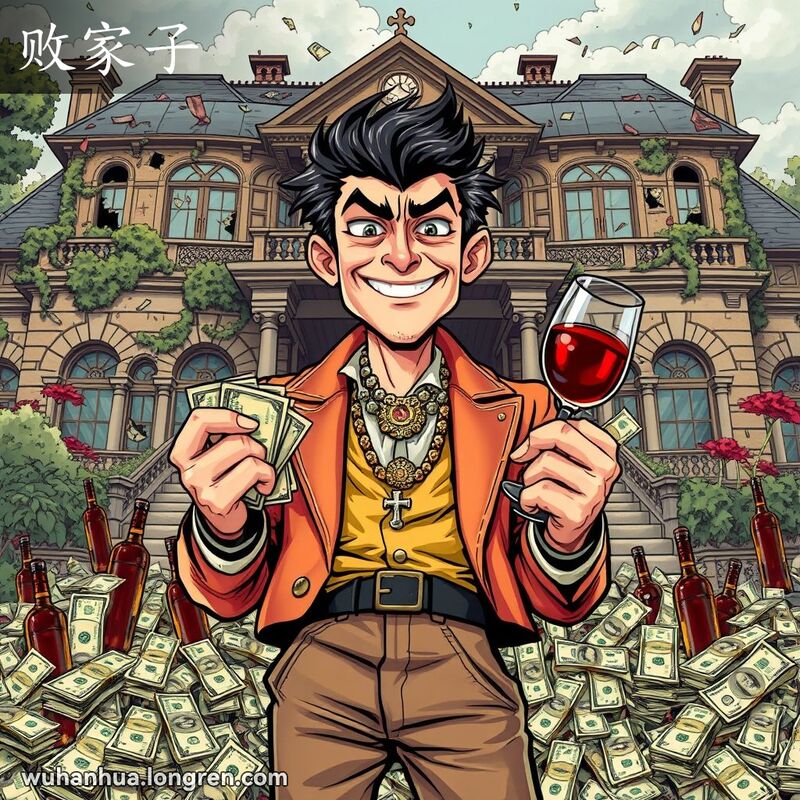 一位年轻人站在破败的豪宅前，周围堆满现金和奢侈品，表情轻浮，象征着败家子的行为。