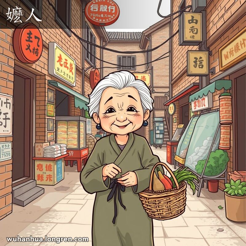 一位老妇人手提菜篮，行走在武汉老街上，背景有红砖墙和旧式招牌