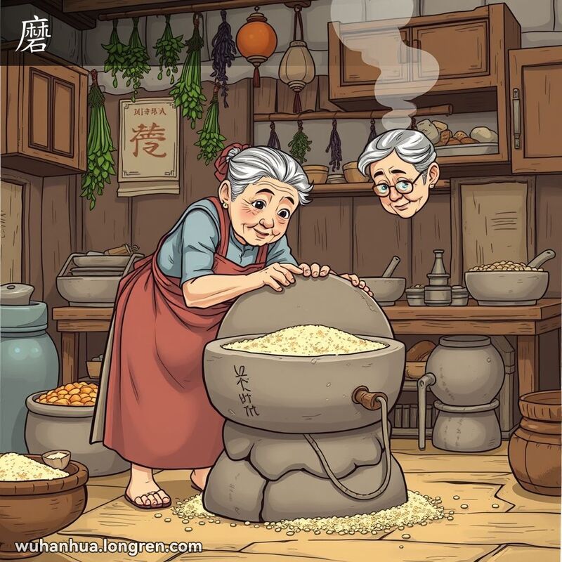 一位武汉老妇人在厨房中用石磨碾磨粉，背景有木质橱柜和悬挂的草药