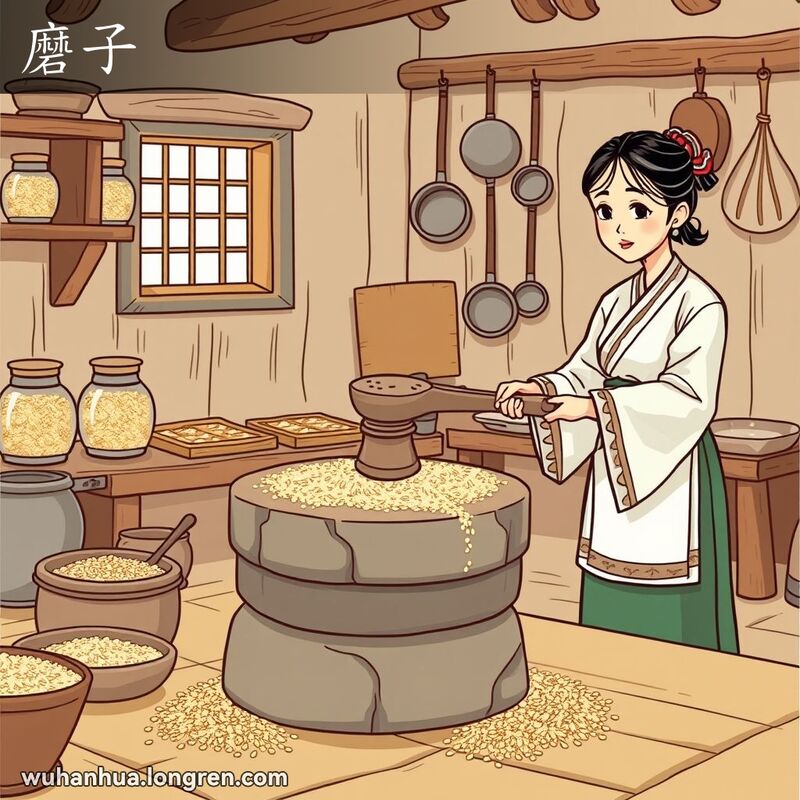 一个传统中国厨房场景，妇女正在用石磨磨制粮食，背景有木质货架和墙上的锅碗瓢盆。