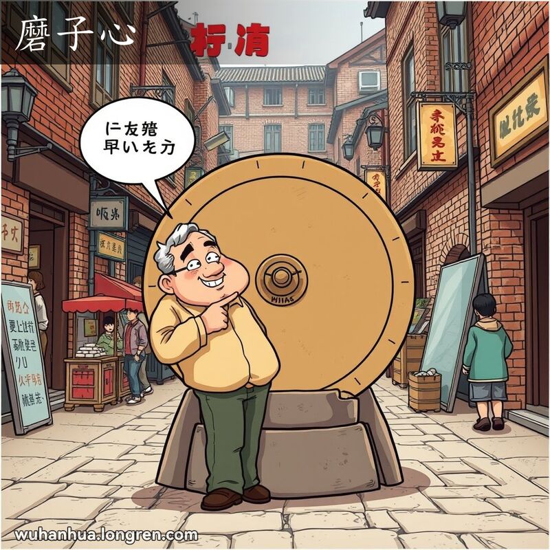 一位中年男子站在武汉老街的磨盘前，指着磨盘中心的轴，背景是热闹的街景