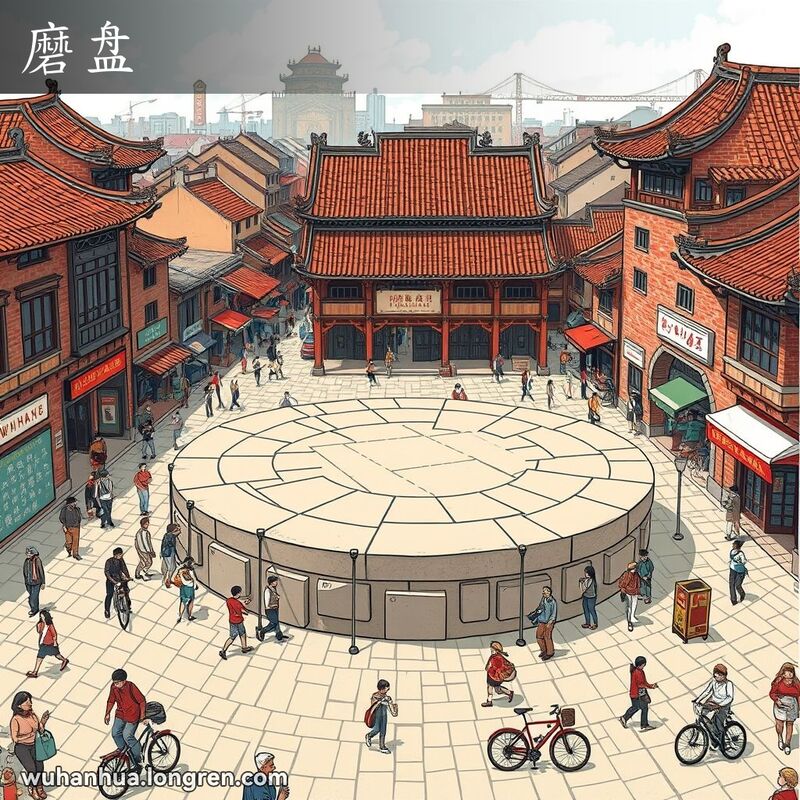 武汉老城区十字路口中心的圆形石盘，周围有行人和自行车，背景是传统建筑