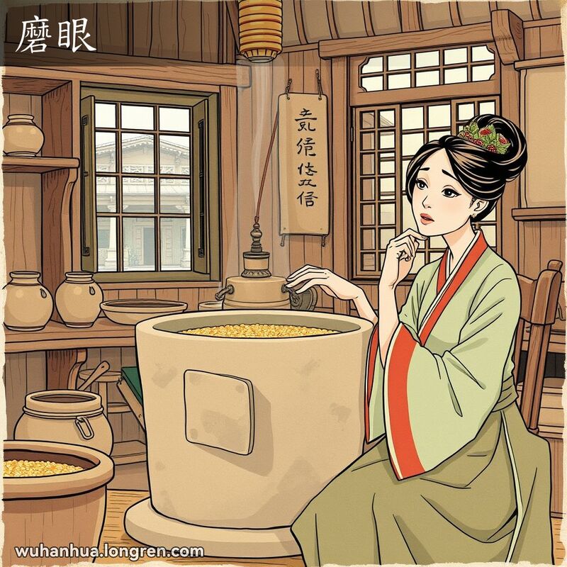 一位武汉妇女坐在石磨旁，手扶磨柄，若有所思，背景是传统的武汉老街景