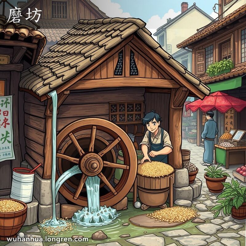 武汉老街上的老式磨坊，磨坊工人正专注地磨面粉，背景有其他摊贩和繁忙的市场。