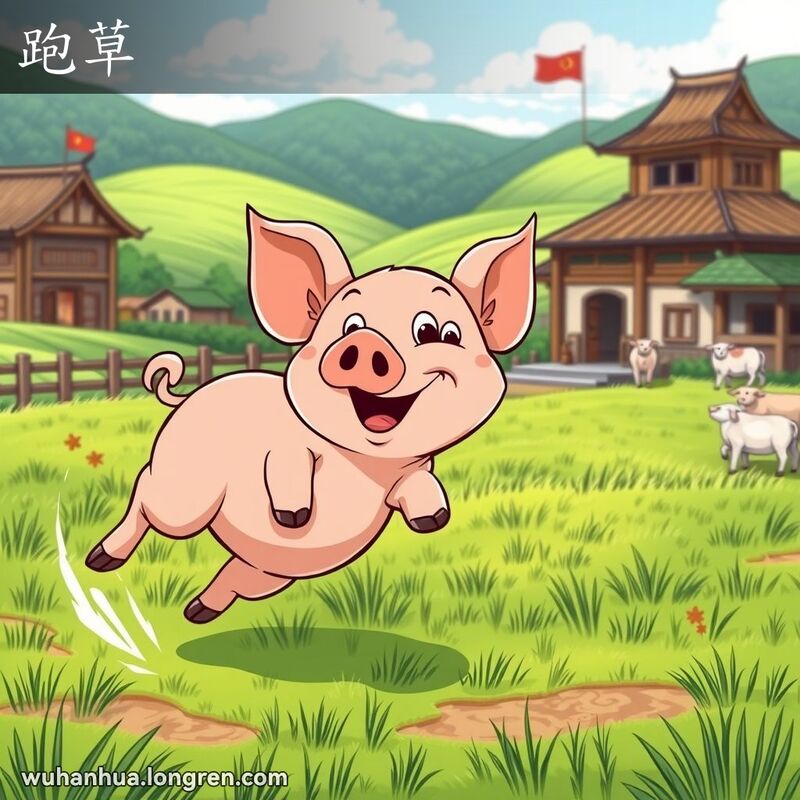 一只活泼的猪在农场绿草地上兴奋地奔跑，尾巴摇摆，耳朵竖起，眼睛睁大，嘴巴微张，背景是传统的中国农舍和茂密的绿色田野。