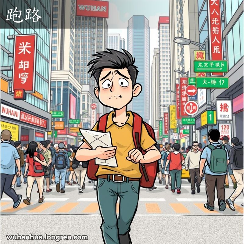 一位武汉男子在繁忙的街道上匆忙行走，手持地图，背着背包，神情略显困惑和沮丧，背景是高楼林立、人来人往的城市景象