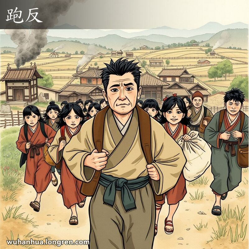 一群穿着传统服装的人们匆忙离开混乱的村庄，背景中村庄冒烟，显示出动乱。