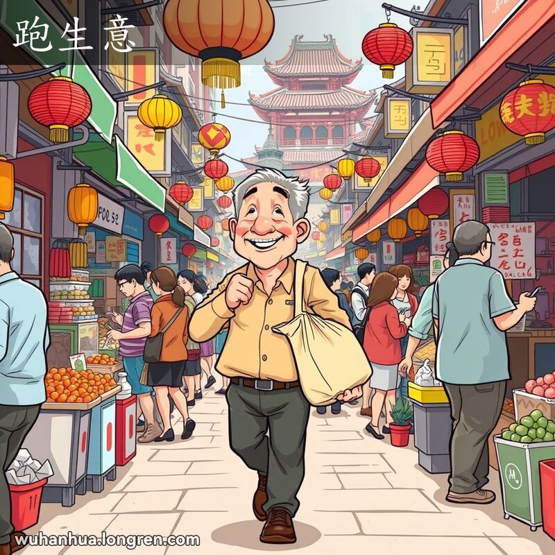 一位中年男子在武汉市场街上背着大包，匆忙地从一个摊位走到另一个摊位，讨价还价，背景是色彩斑斓的市场摊位和传统建筑。