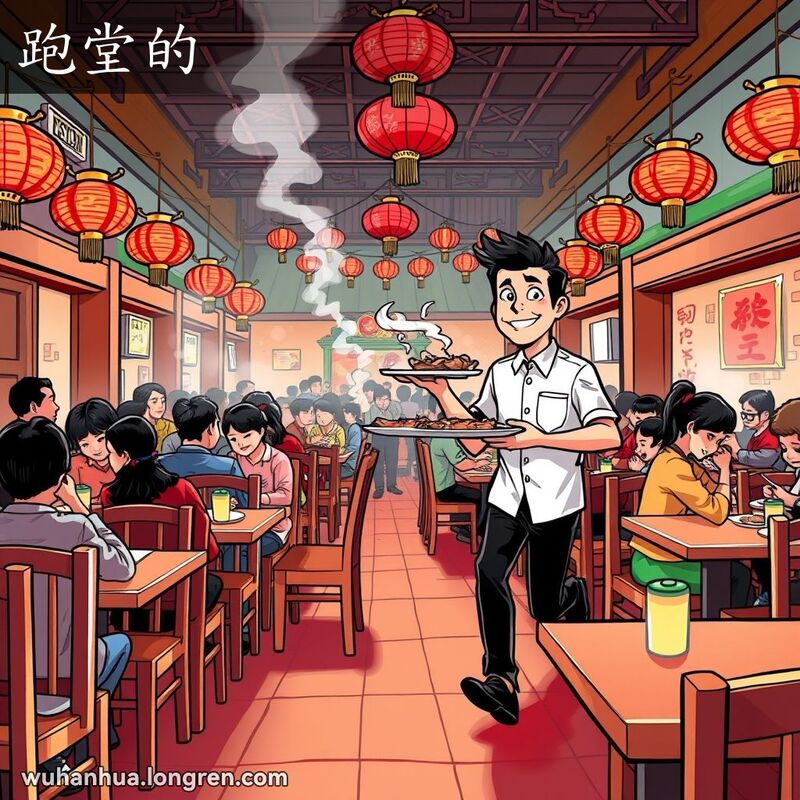 一位武汉餐馆的服务员手持托盘，穿梭于餐桌之间，背景是传统中国餐馆的热闹场景