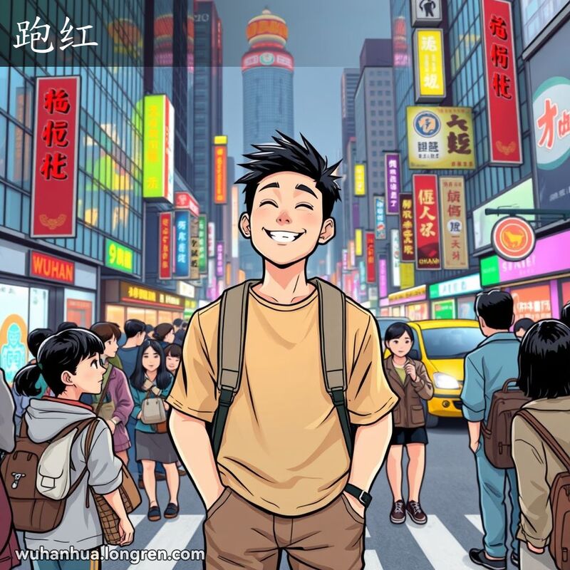 一位年轻的武汉市民站在繁华的街道中央，周围的人们都用钦佩和尊敬的眼光看着他，体现了“跑红”的意思。