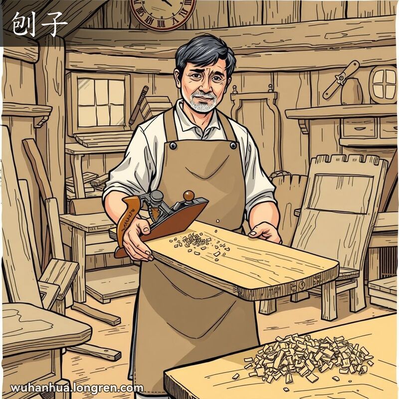一位武汉工匠在木工坊中用刨子刮平木板，背景有其他工具和半成品家具