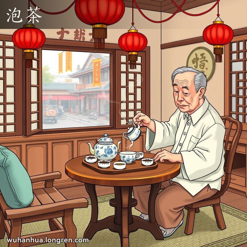 一位武汉老人在传统中式客厅内泡茶，背景是武汉街景，画面温馨。